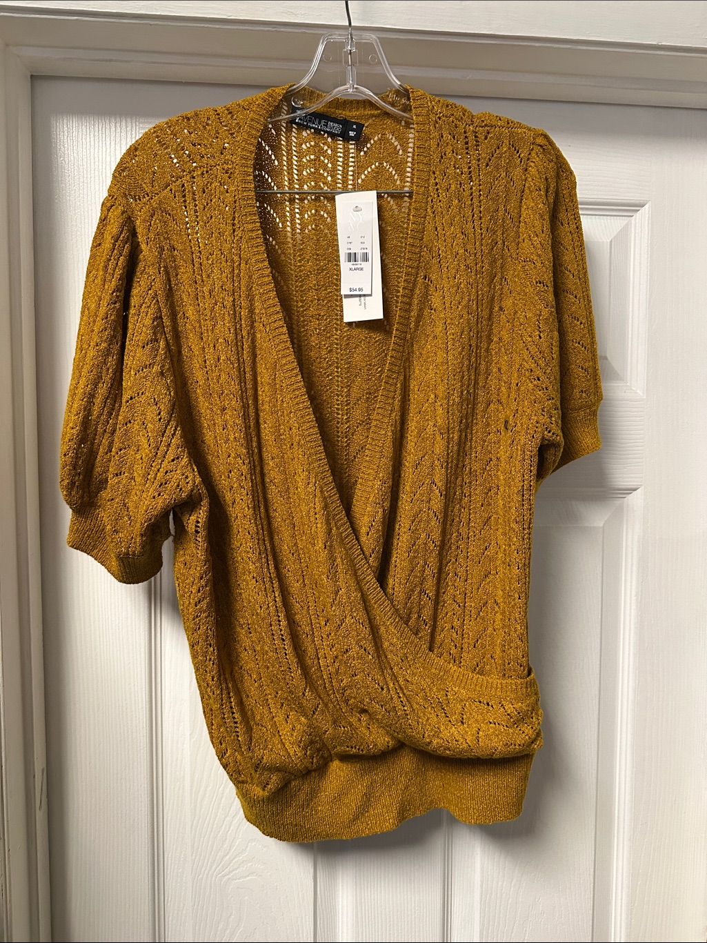 New York & Company Mustard Openwork Wrap V-Neck Sweater